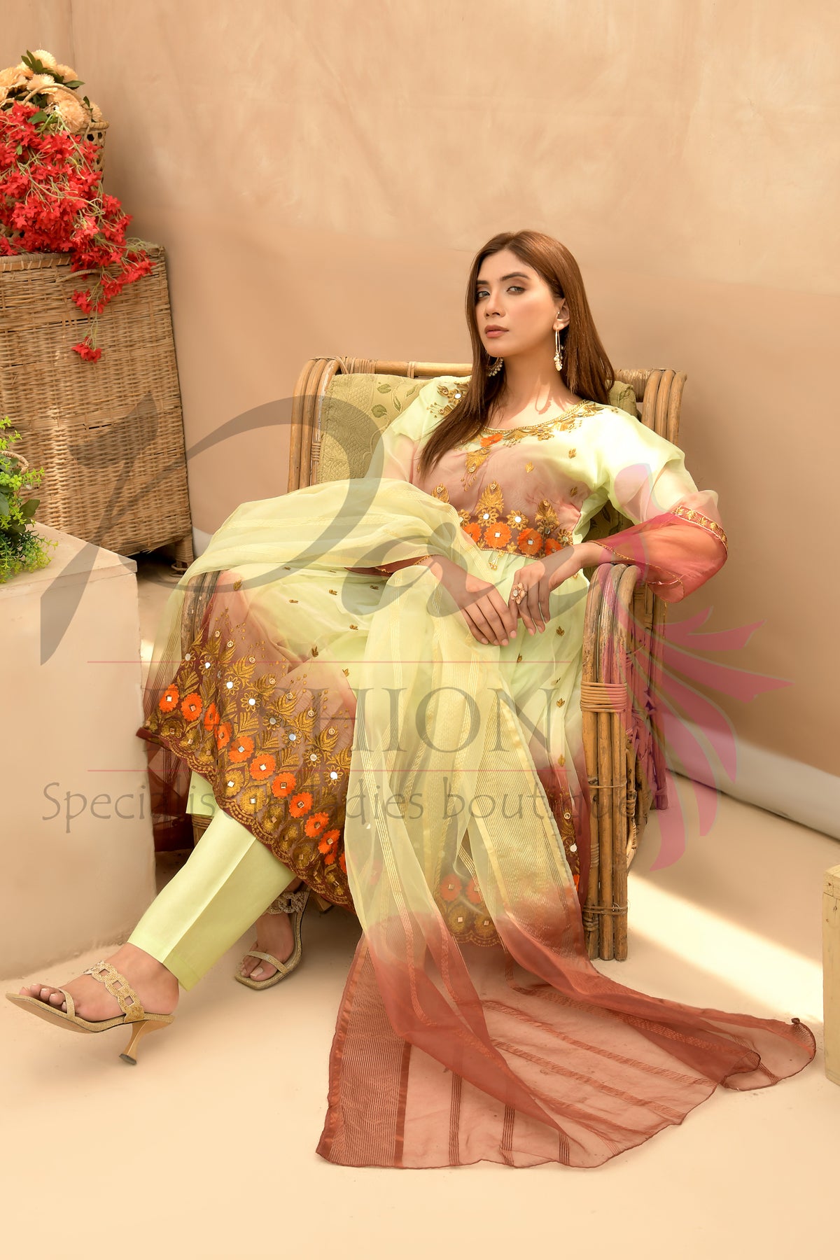 3PC Embroidered 3D Organza Dress