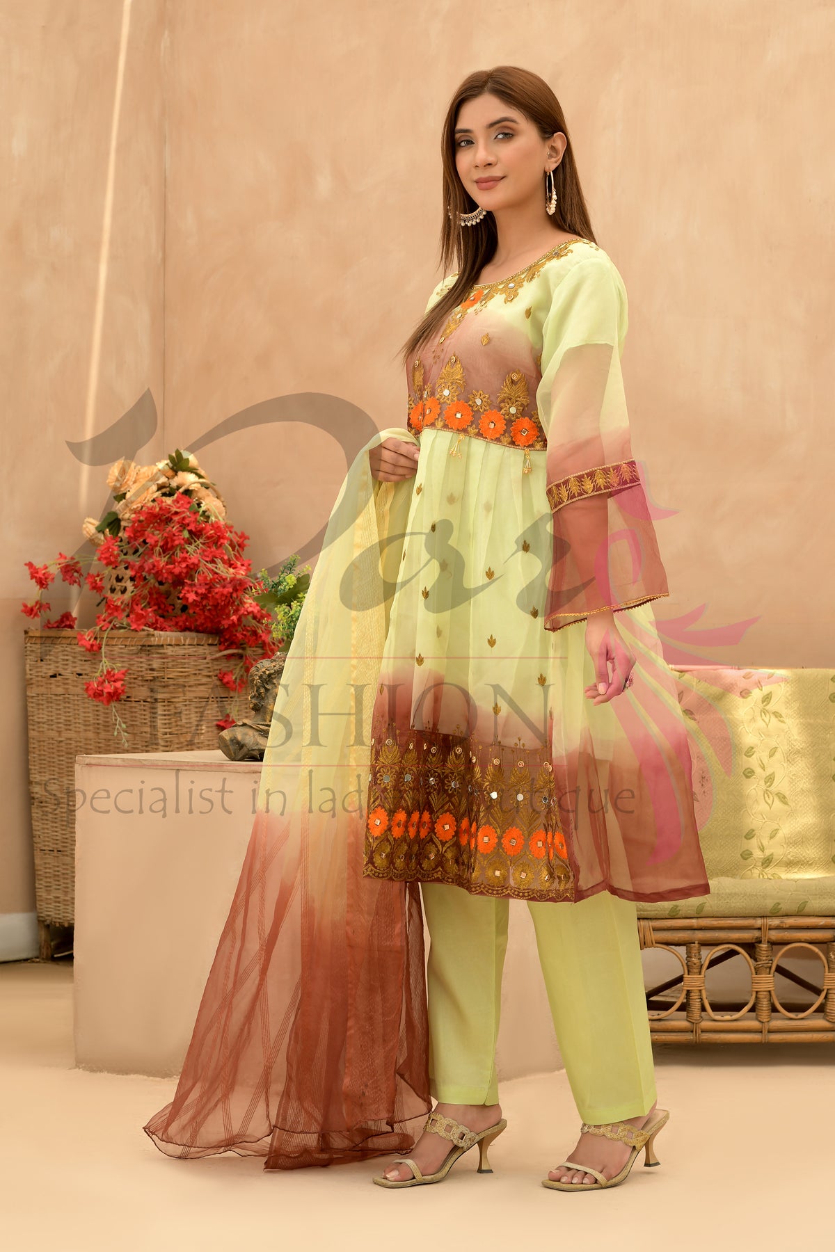 3PC Embroidered 3D Organza Dress