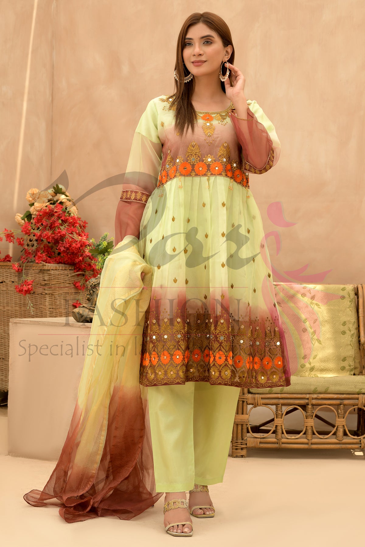 3PC Embroidered 3D Organza Dress