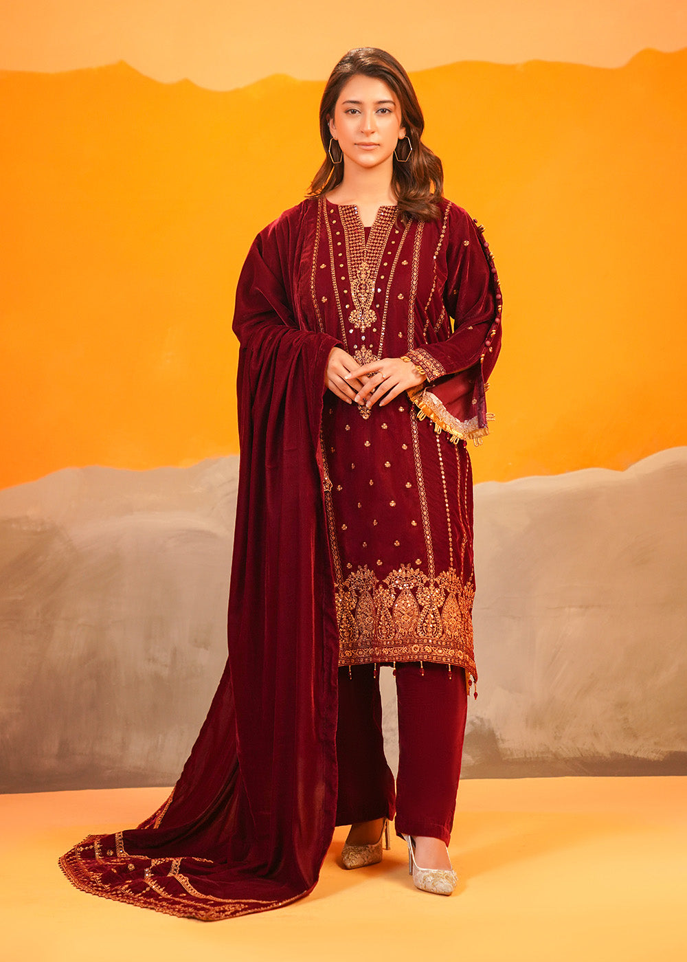 Maroon Velvet Embroidered Set