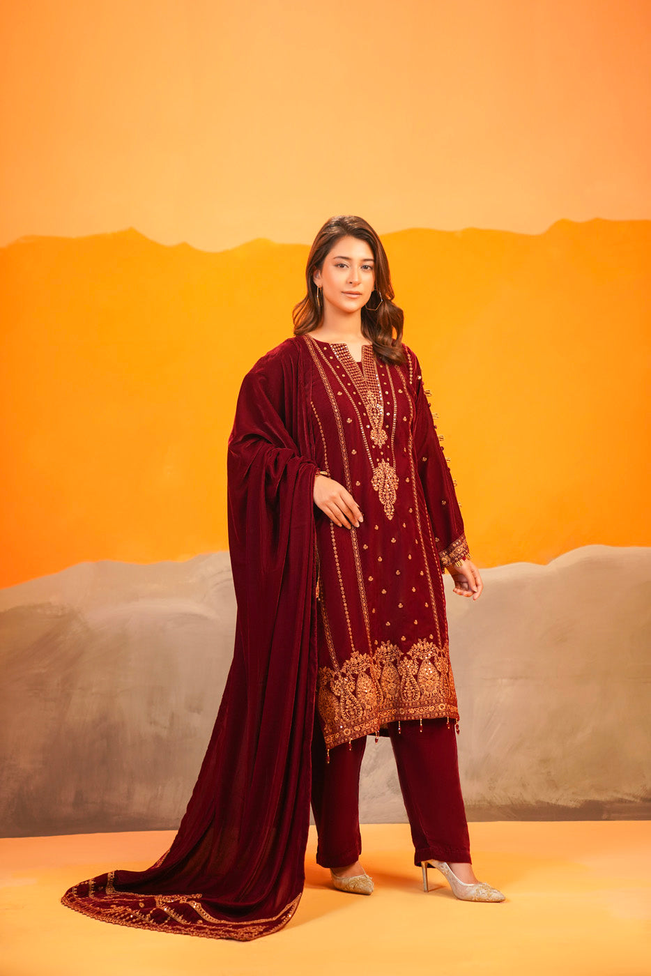 Maroon Velvet Embroidered Set