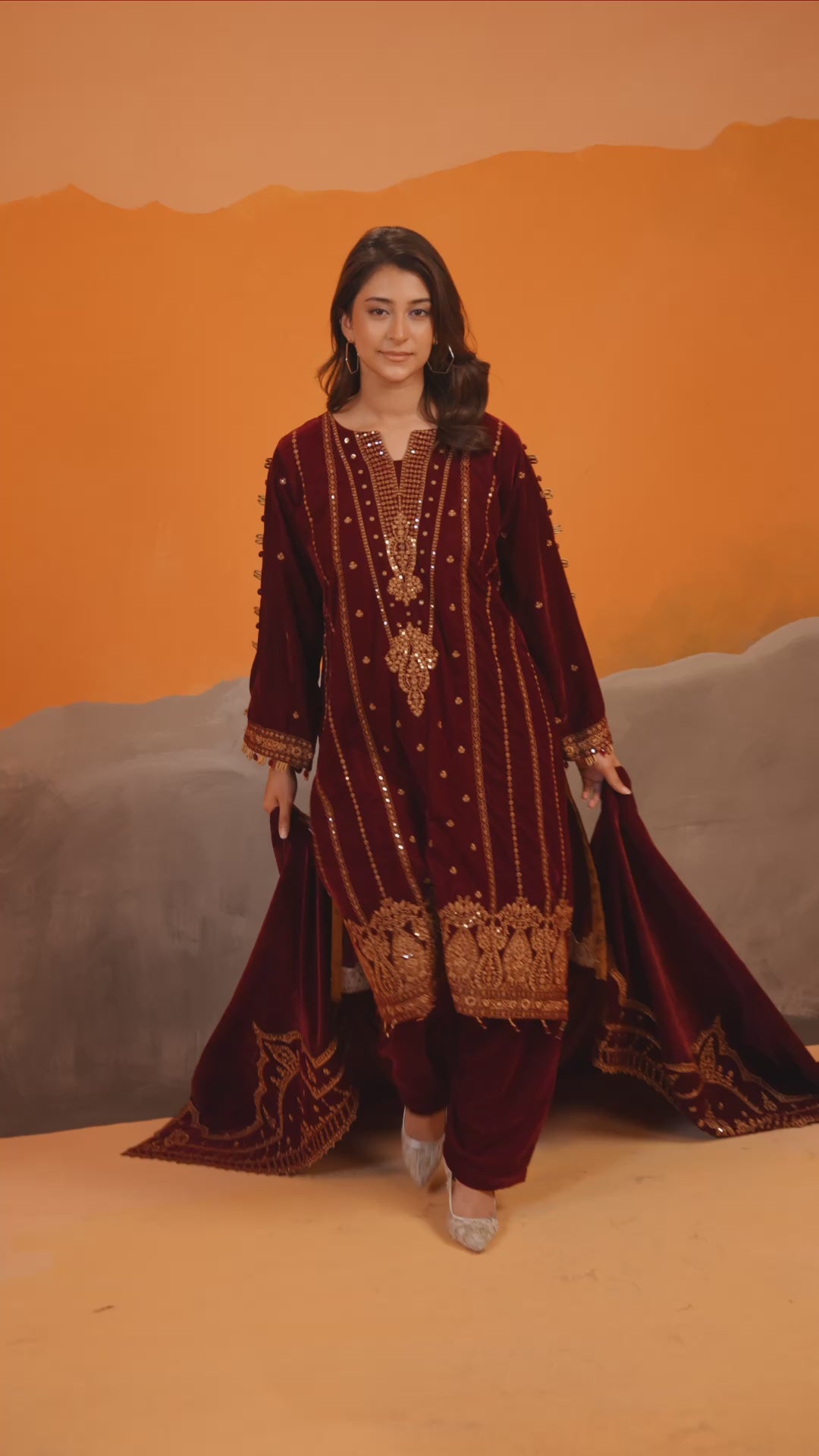 Maroon Velvet Embroidered Set