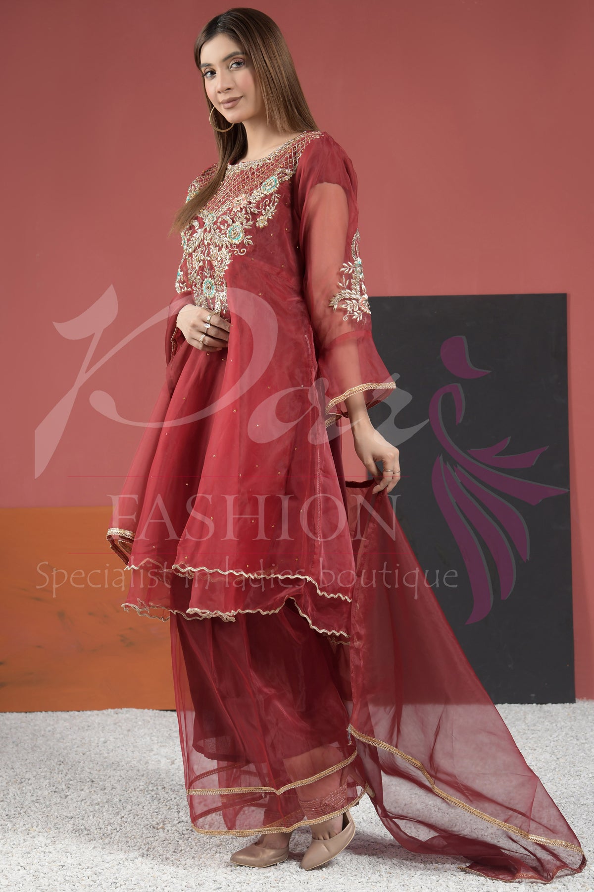 3PC  Embroidered Organza Frock