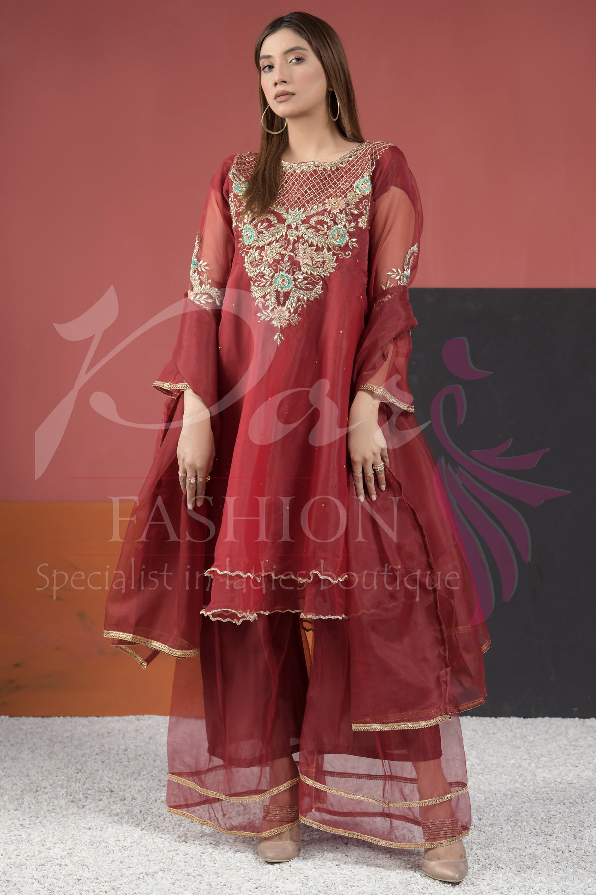 3PC  Embroidered Organza Frock