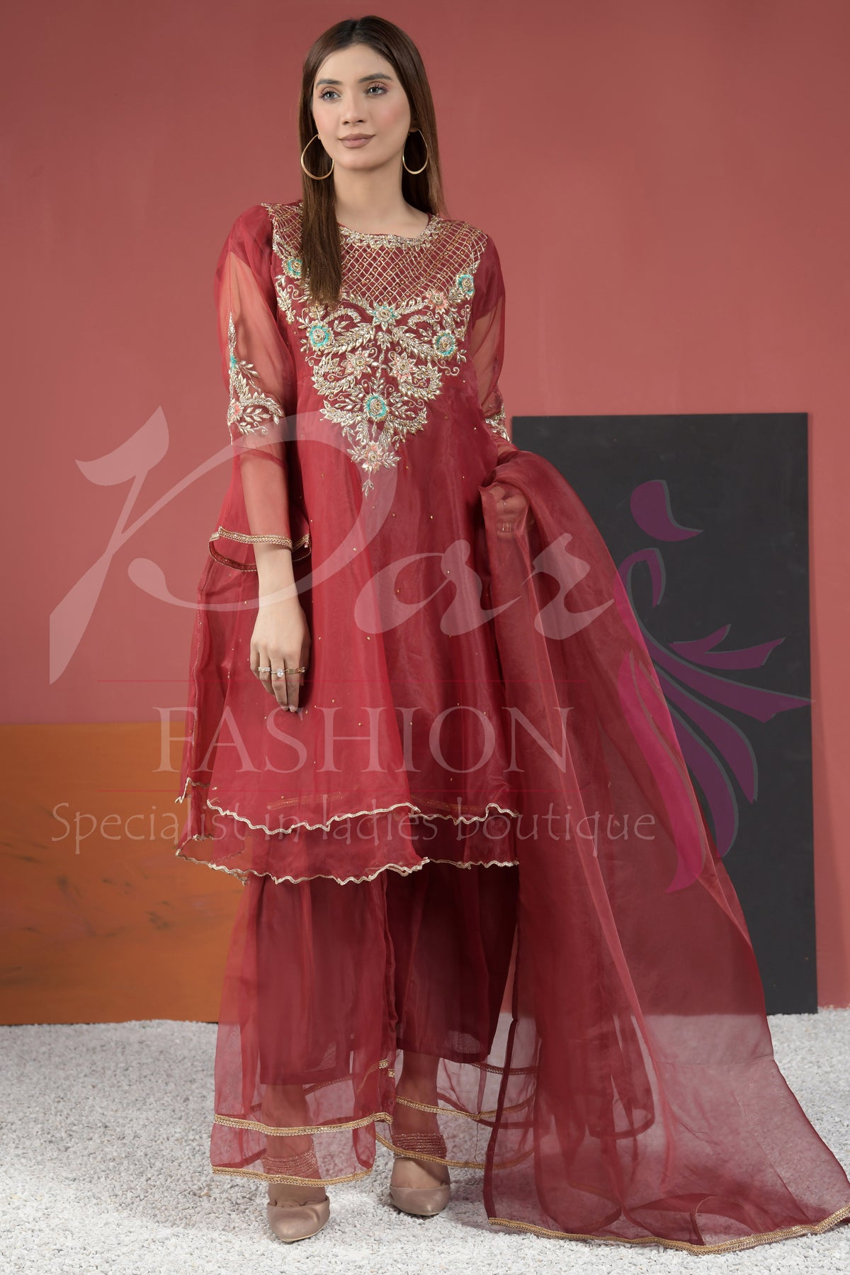 3PC  Embroidered Organza Frock