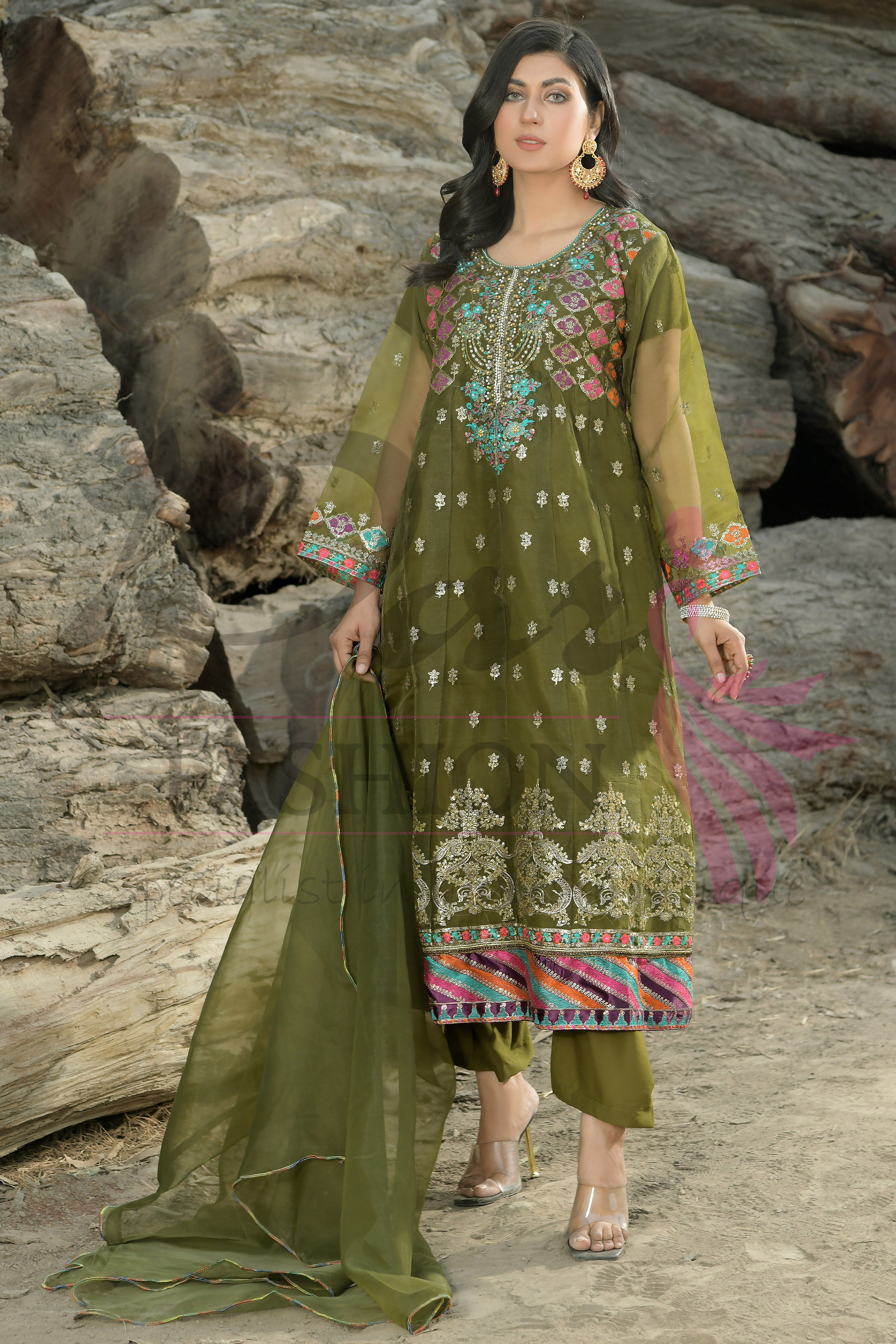 3PC Embroidered Maxi