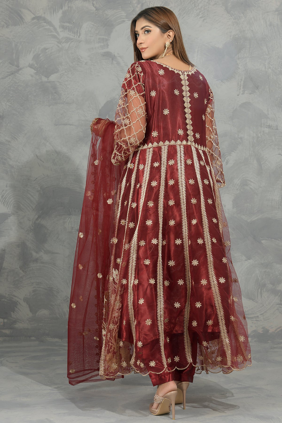 3PC Net Embroidered Maxi