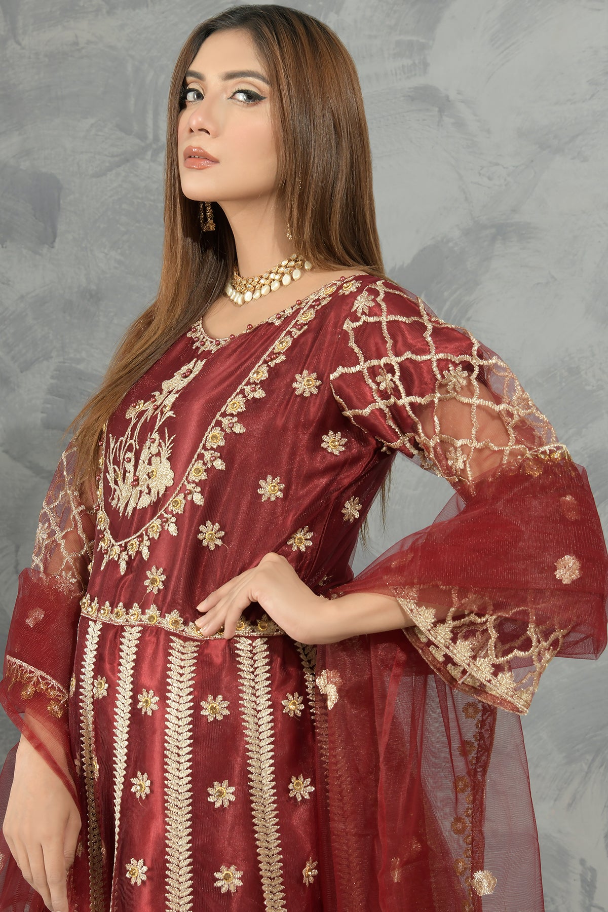 3PC Net Embroidered Maxi